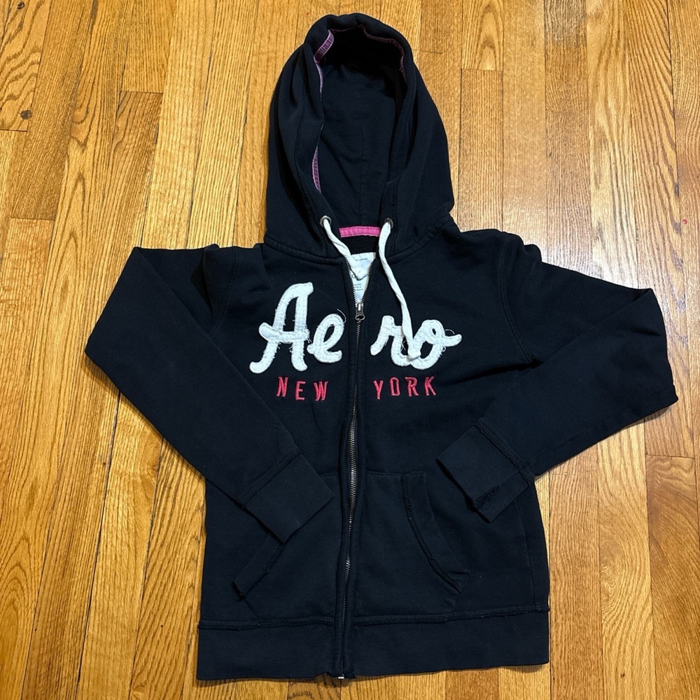 Aeropostale Black Zip-Up Hoodie with White Logo and Pink Accents